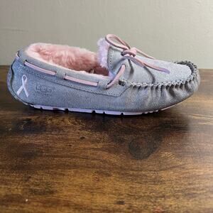 UGG Dakota Slippers 5 Womens Gray Sparkle Breast Cancer Awareness Shearling Fur